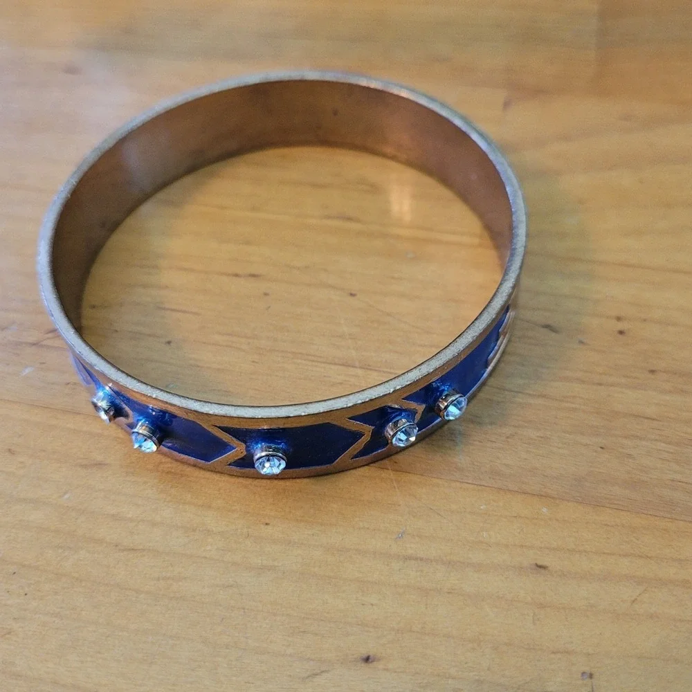 Vintage Blue Enamel Rhinestone Geometric Bangle Bracelet Brass Tone 42g